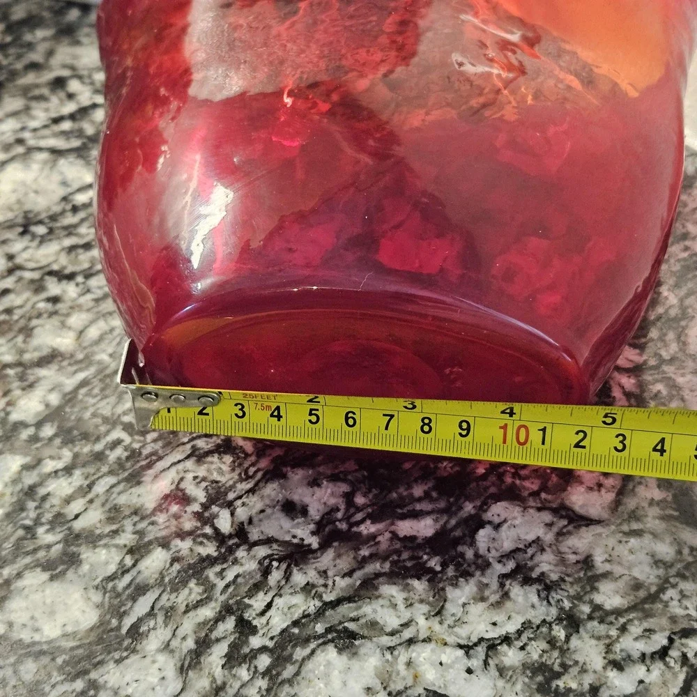 HandBlown Studio Art Glass Purse Vase Red Bag With Clear‎ Handles